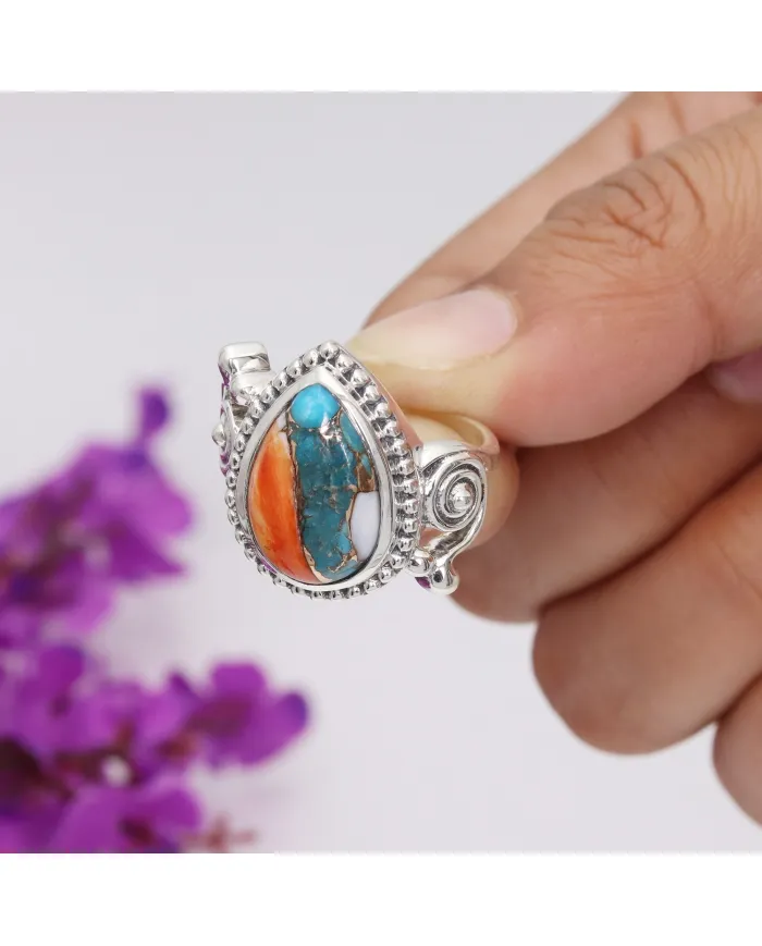 Orange Spiny Oyster Turquoise 925 Silver Pear Cabochon Boho Ring