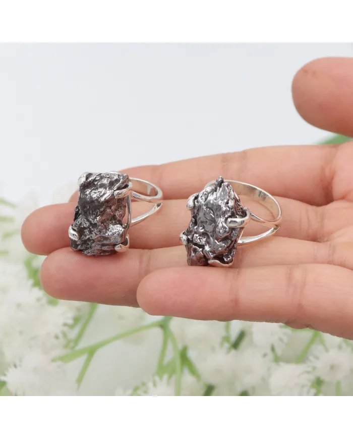 Raw Meteorite Ring - Sterling Silver Ring Handmade Ring Unique Prong Ring Cosmic Jewelry