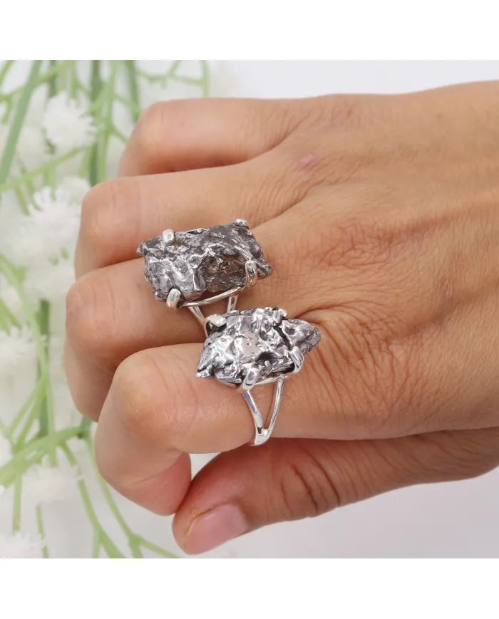 Raw Meteorite Ring - Sterling Silver Ring Handmade Ring Unique Prong Ring Cosmic Jewelry