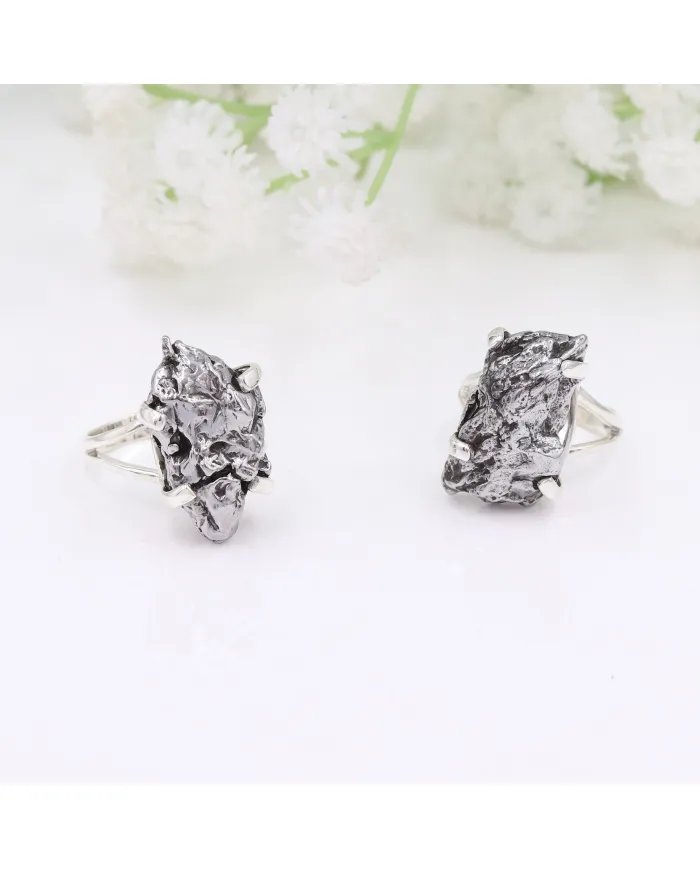 Raw Meteorite Ring - Sterling Silver Ring Handmade Ring Unique Prong Ring Cosmic Jewelry