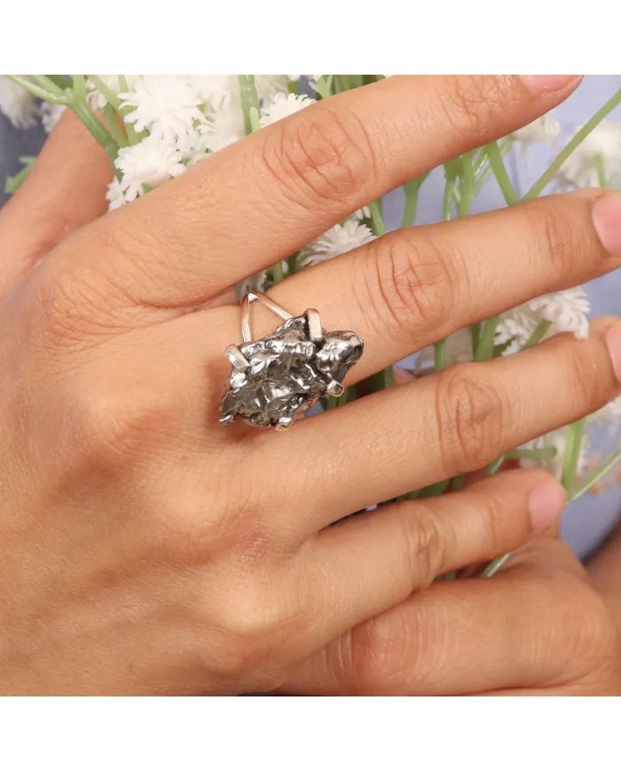 Raw Meteorite Ring - Sterling Silver Ring Handmade Ring Unique Prong Ring Cosmic Jewelry