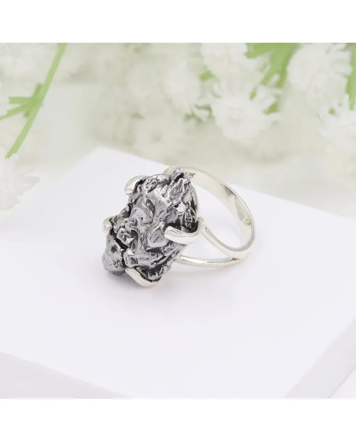 Raw Meteorite Ring - Sterling Silver Ring Handmade Ring Unique Prong Ring Cosmic Jewelry