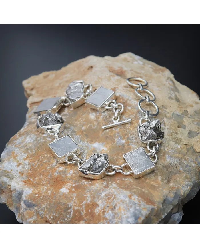 Natural Meteorite Stone Bracelet - Sterling Silver Bracelet Handmade Bracelet Unisex Jewelry