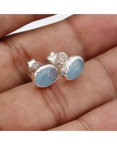 Aquamarine Stud Earrings - 925 Sterling Silver Handmade Minimalist Birthstone Jewelry