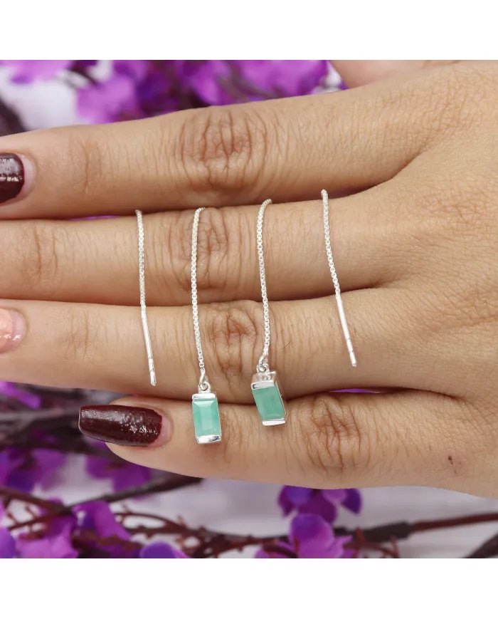 Emerald Dangle Earrings, Sterling Silver Earrings, Box Chain With Hook Earrings, Handmade Jewelry for Women
