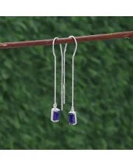 Blue Sapphire Dangle Earrings, Sterling Silver Earrings, Box Chain With Hook Earrings, Handmade Jewelry for Women