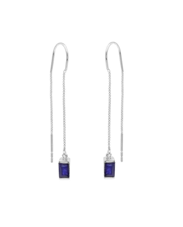 Blue Sapphire Dangle Earrings, Sterling Silver Earrings, Box Chain With Hook Earrings, Handmade Jewelry for Women