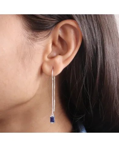 Blue Sapphire Dangle Earrings, Sterling Silver Earrings, Box Chain With Hook Earrings, Handmade Jewelry for Women