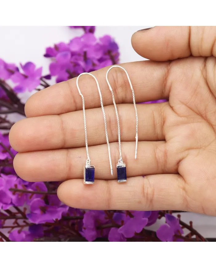 Blue Sapphire Dangle Earrings, Sterling Silver Earrings, Box Chain With Hook Earrings, Handmade Jewelry for Women