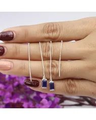 Blue Sapphire Dangle Earrings, Sterling Silver Earrings, Box Chain With Hook Earrings, Handmade Jewelry for Women