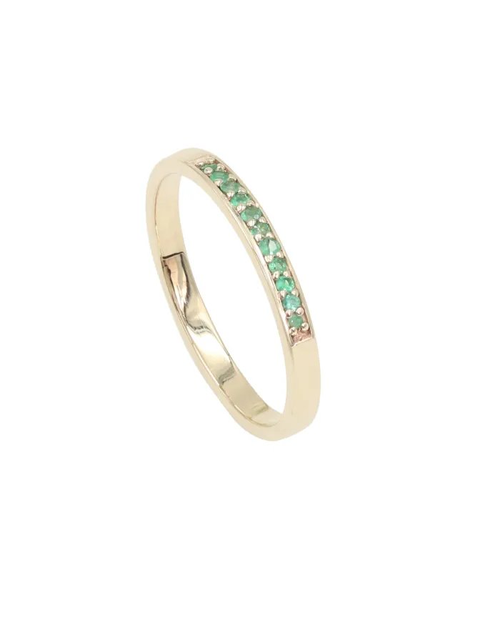 Emerald 9K Gold Ring - Handmade Engagement Ring Minimalist Half Eternity Band Ring for Women