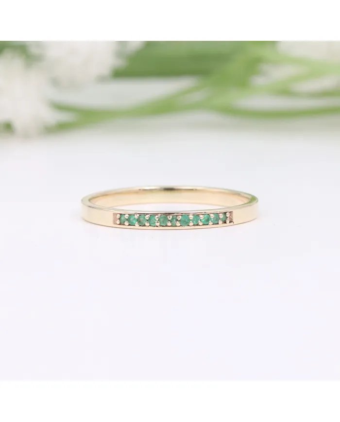 Emerald 9K Gold Ring - Handmade Engagement Ring Minimalist Half Eternity Band Ring for Women