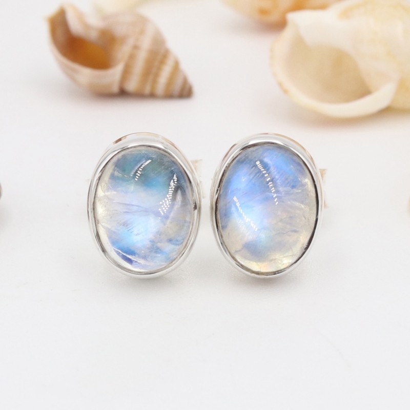 Moonstone Stud, 925 Sterling Silver Earrings, Oval Blue Studs, June Birthstone, Push Back Earrings, Handmade Earrings for Girls