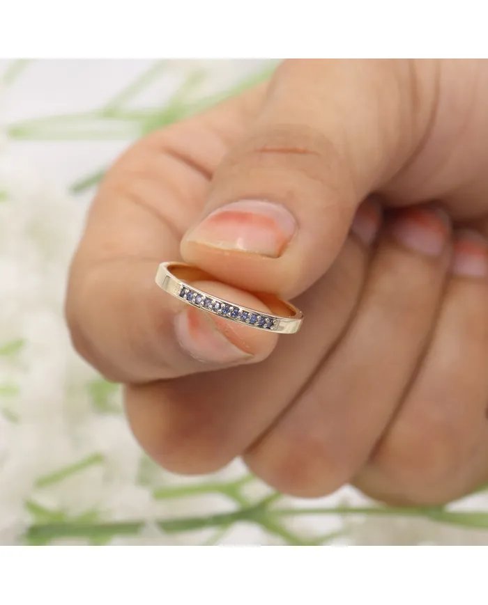 Blue Sapphire 9K Gold Ring - Handmade Engagement Ring Minimalist Half Eternity Band Ring for Women