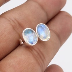 Moonstone Stud, 925 Sterling Silver Earrings, Oval Blue Studs, June Birthstone, Push Back Earrings, Handmade Earrings for Girls