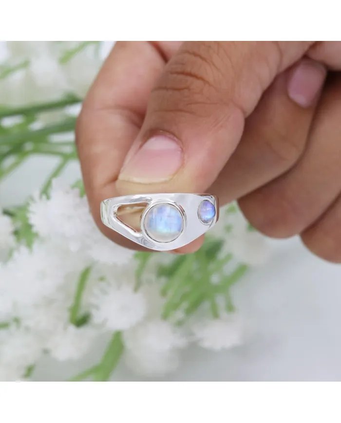 Natural Rainbow Moonstone Ring - 925 Silver Handmade Gemstone Jewelry