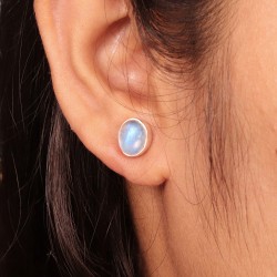 Moonstone Stud, 925 Sterling Silver Earrings, Oval Blue Studs, June Birthstone, Push Back Earrings, Handmade Earrings for Girls