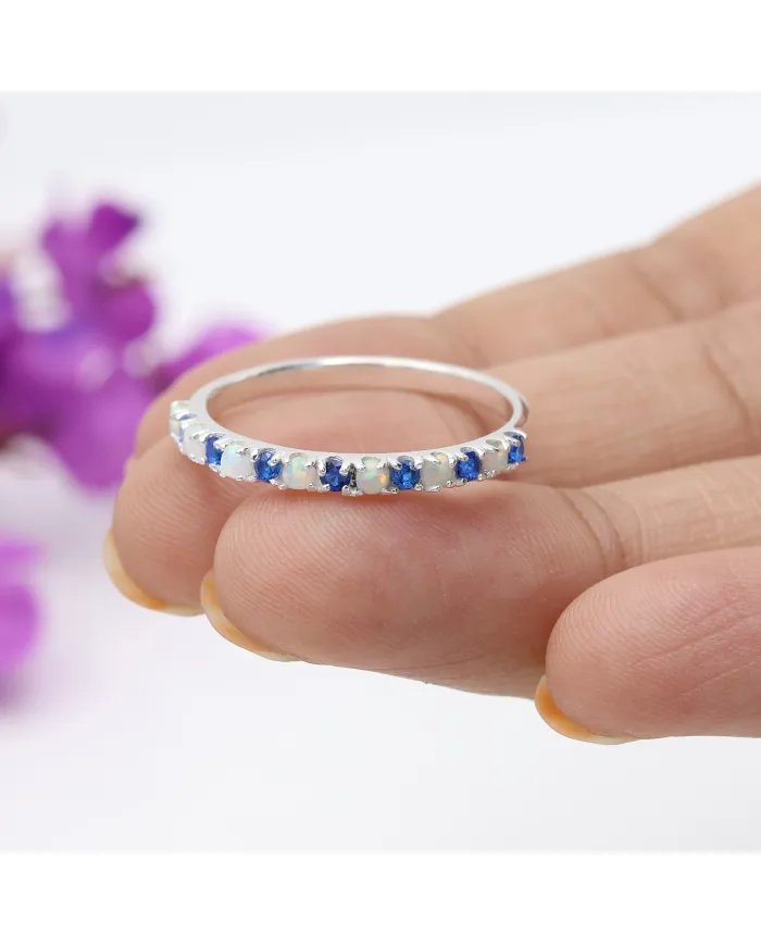 Ethiopian Opal Ring with Cubic Zirconia Tanzanite - 925 Silver Jewelry