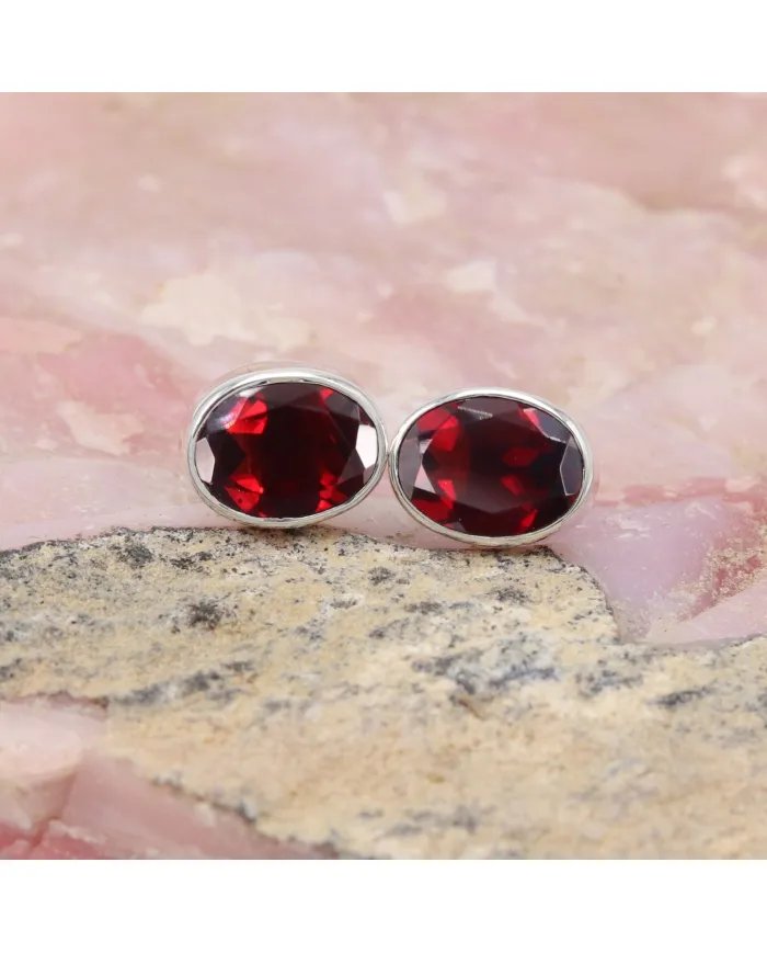 Garnet Stud Earrings - Handmade 925 Sterling Silver Mini Posts Jewelry