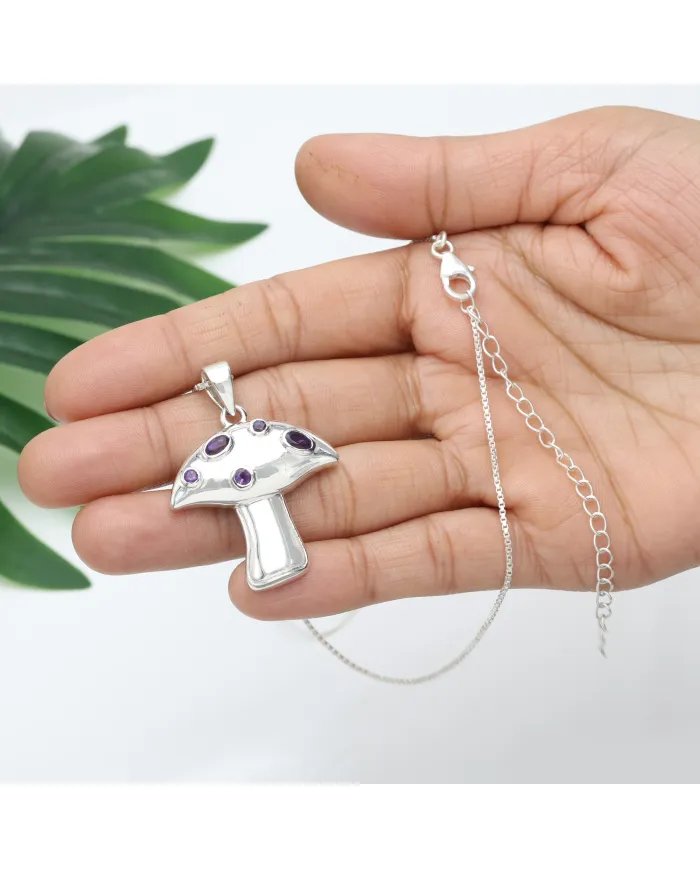 Amethyst Pendant - Sterling Silver Handmade Mushroom Pendant Charming Pendant for Women