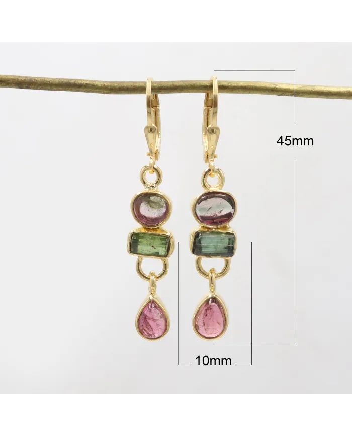 Multi Tourmaline Dangle Earrings - 18K Gold Plated 925 Silver Jewelry