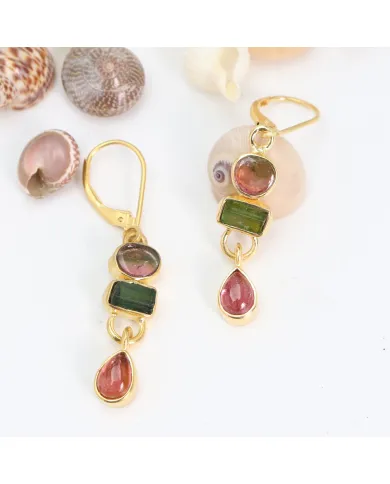 Multi Tourmaline Dangle Earrings - 18K Gold Plated 925 Silver Jewelry