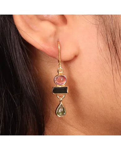 Multi Tourmaline Dangle Earrings - 18K Gold Plated 925 Silver Jewelry