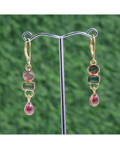 Multi Tourmaline Dangle Earrings - 18K Gold Plated 925 Silver Jewelry