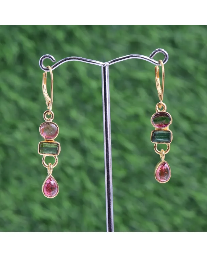 Multi Tourmaline Dangle Earrings - 18K Gold Plated 925 Silver Jewelry