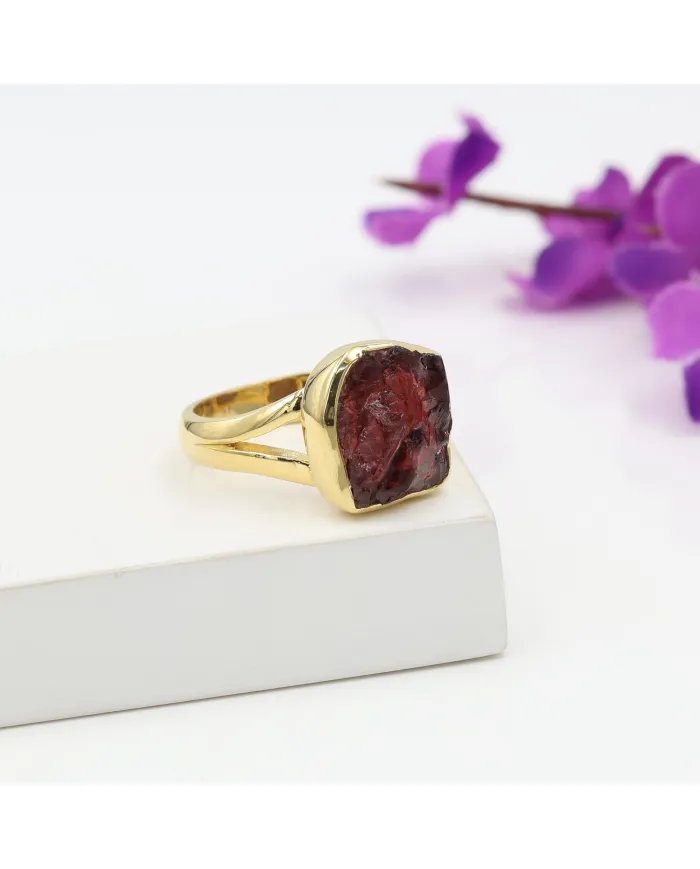 Natural Garnet Ring - Sterling Silver with Gold Plated Ring Handmade Ring Statement Ring Women's Ring