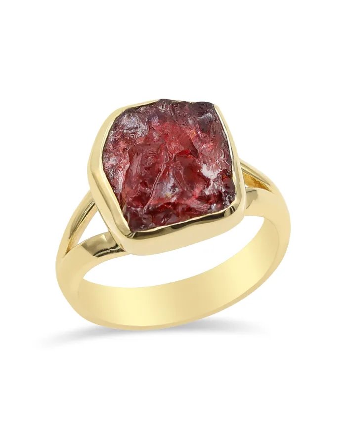 Natural Garnet Ring - Sterling Silver with Gold Plated Ring Handmade Ring Statement Ring Women's Ring