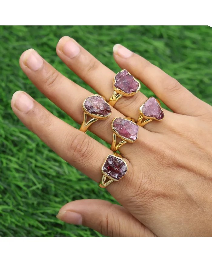 Raw Garnet Ring – Gold Plated 925 Silver Handmade Versatile Jewelry