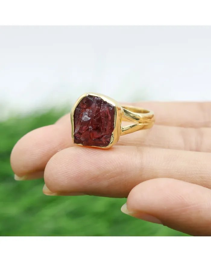 Raw Garnet Ring – Gold Plated 925 Silver Handmade Versatile Jewelry