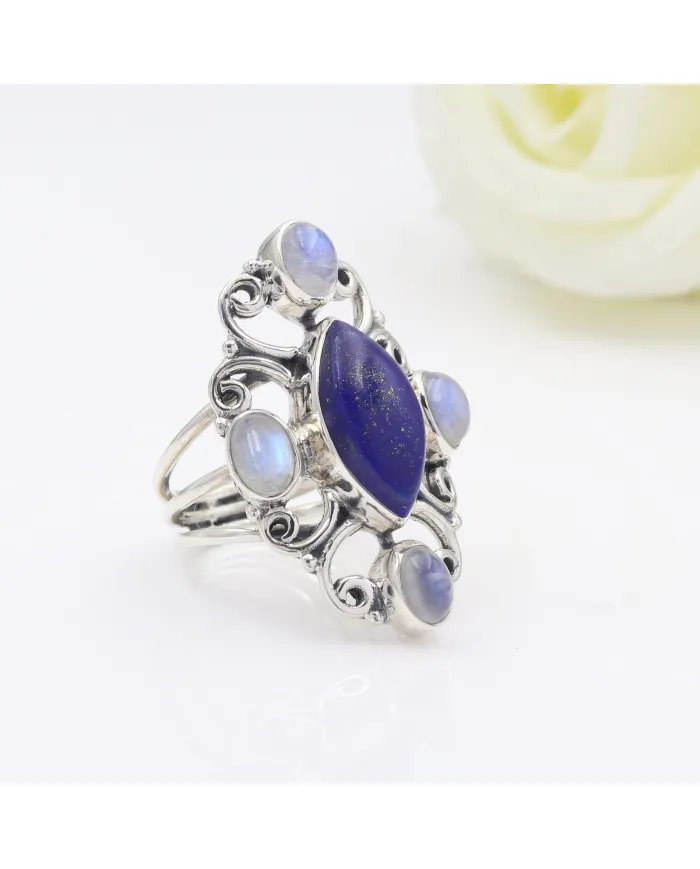Lapis Lazuli Ring Moonstone Ring - Sterling Silver Ring Statement Dainty Ring Handmade Promise Ring