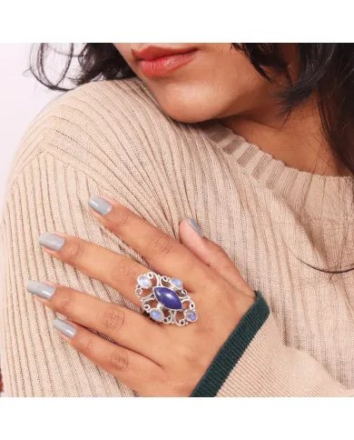 Lapis Lazuli Ring Moonstone Ring - Sterling Silver Ring Statement Dainty Ring Handmade Promise Ring
