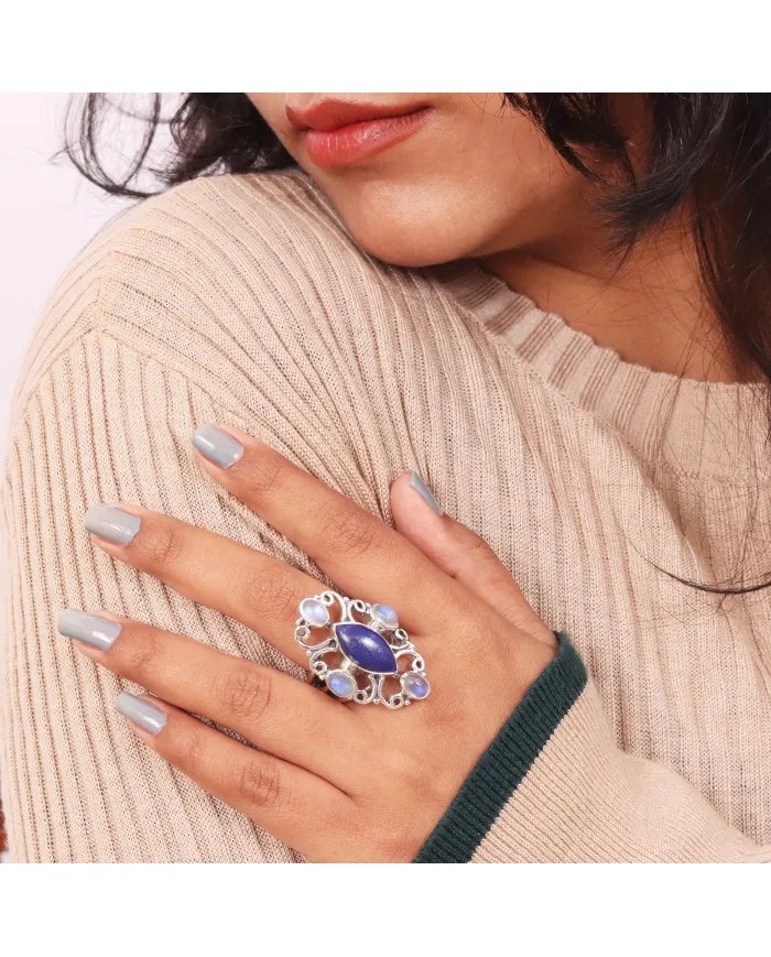 Lapis Lazuli Ring Moonstone Ring - Sterling Silver Ring Statement Dainty Ring Handmade Promise Ring