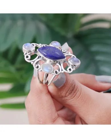 Lapis Lazuli Ring Moonstone Ring - Sterling Silver Ring Statement Dainty Ring Handmade Promise Ring