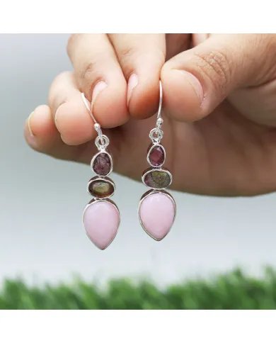 Pink Opal Earrings & Watermelon Tourmaline Earrings - Sterling Silver Dangle Drop Earrings Christmas Earrings for Women