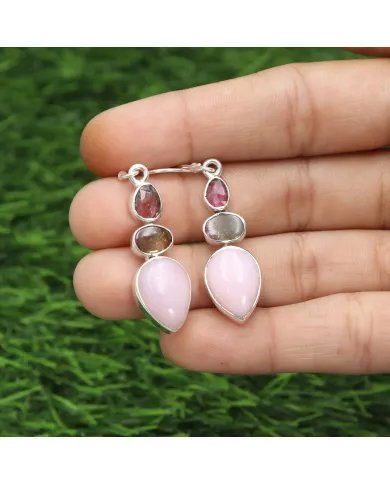 Pink Opal Earrings & Watermelon Tourmaline Earrings - Sterling Silver Dangle Drop Earrings Christmas Earrings for Women