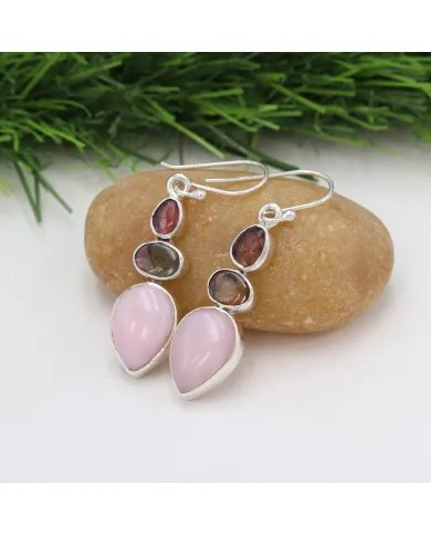 Pink Opal Earrings & Watermelon Tourmaline Earrings - Sterling Silver Dangle Drop Earrings Christmas Earrings for Women