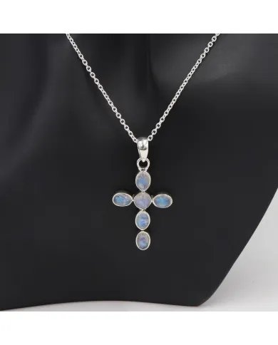 Rainbow Moonstone Cross Pendant - 925 Sterling Silver Religious Christian Handmade Jewelry
