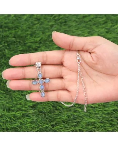 Rainbow Moonstone Cross Pendant - 925 Sterling Silver Religious Christian Handmade Jewelry