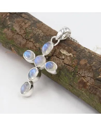 Rainbow Moonstone Cross Pendant - 925 Sterling Silver Religious Christian Handmade Jewelry