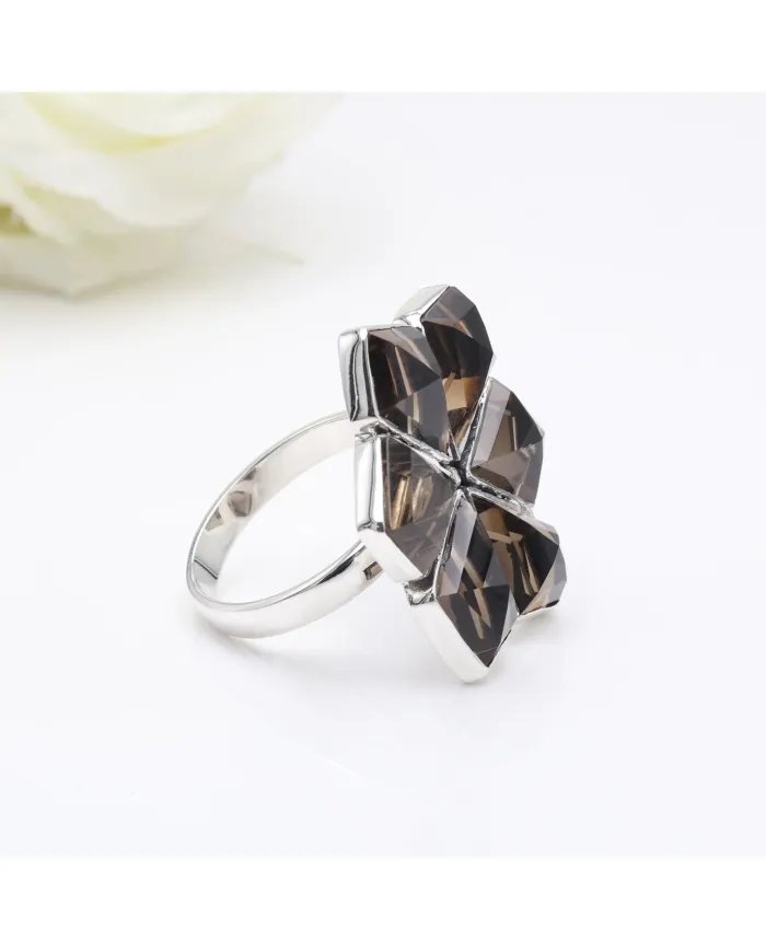 Smoky Quartz Ring Flower Design Ring - Sterling Silver Handmade Ring Statement Ring Unique Gemstone Ring