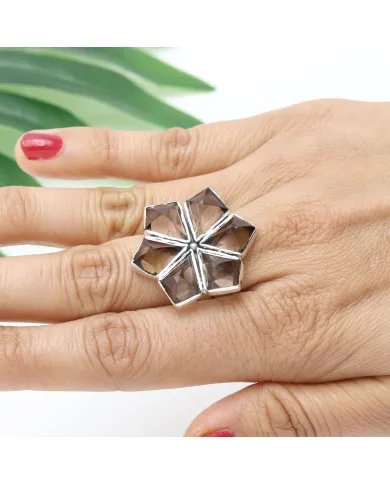 Smoky Quartz Flower Design Ring - 925 Sterling Silver Handmade Jewelry