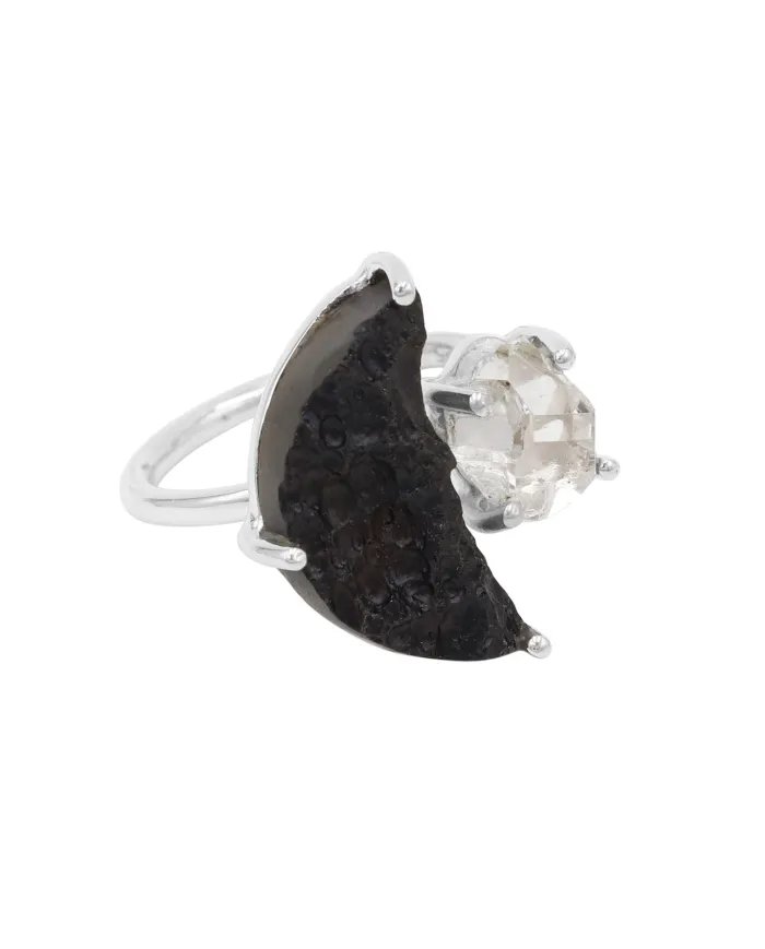 Tektite Ring & Herkimer Diamond Ring - Sterling Silver Ring Statement Ring Handmade Ring for Her