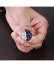 Raw Tektite Crescent Moon Ring with Herkimer Diamond in Sterling Silver