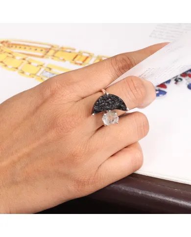 Raw Tektite Crescent Moon Ring with Herkimer Diamond in Sterling Silver