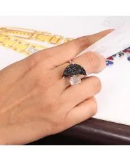 Raw Tektite Crescent Moon Ring with Herkimer Diamond in Sterling Silver