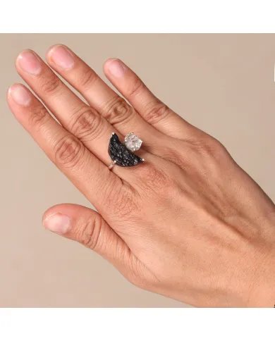 Raw Tektite Crescent Moon Ring with Herkimer Diamond in Sterling Silver